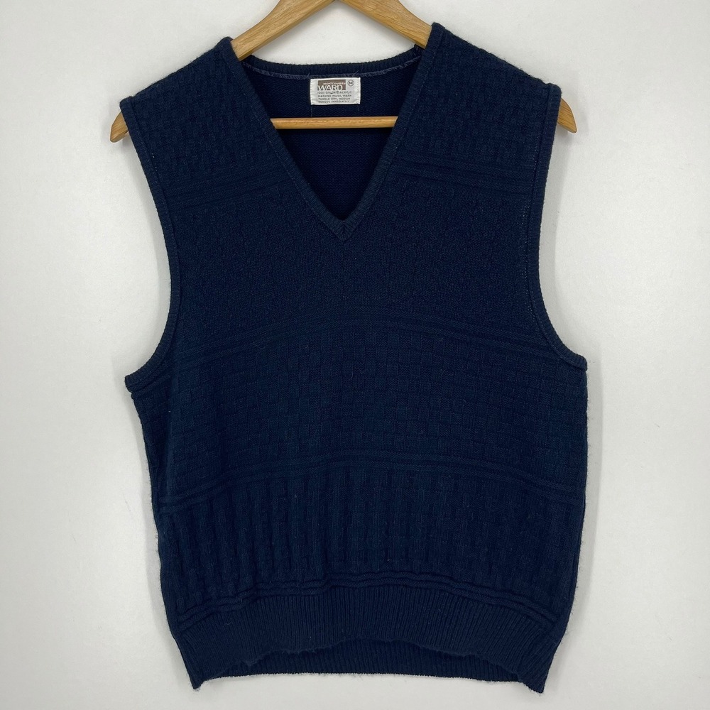 Vintage Montgomery Ward Navy Blue Textured Knit V-Neck Sweater Vest Mens Medium